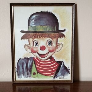 Vintage Happy Boy Clown by Dianne Dengel w/ Bowler Hat Framed Artwork 11 x 14